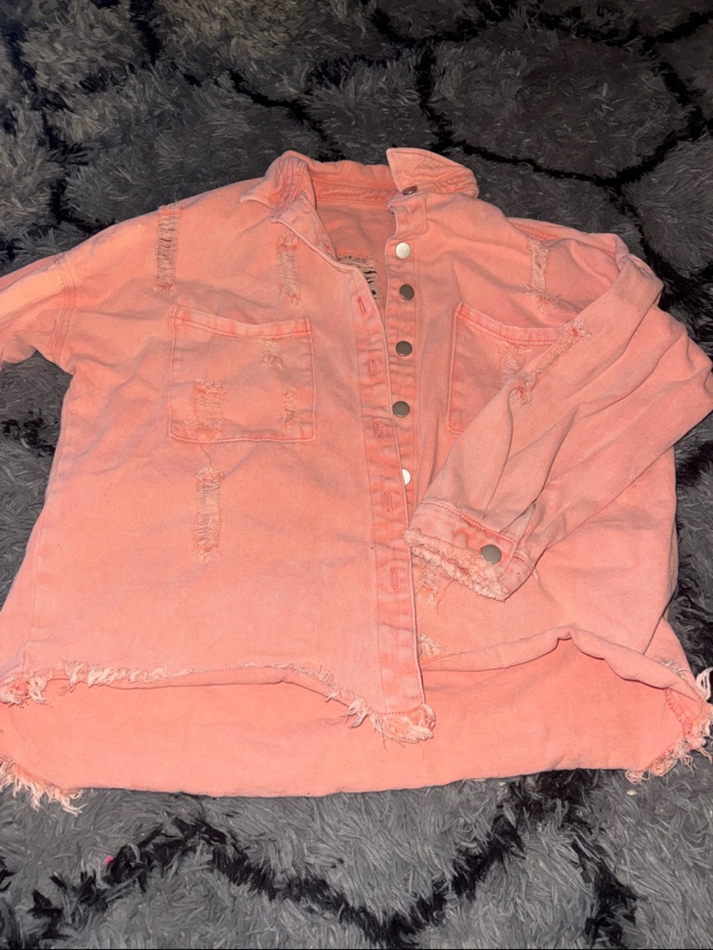 Coral Distressed Button-Up Shacket